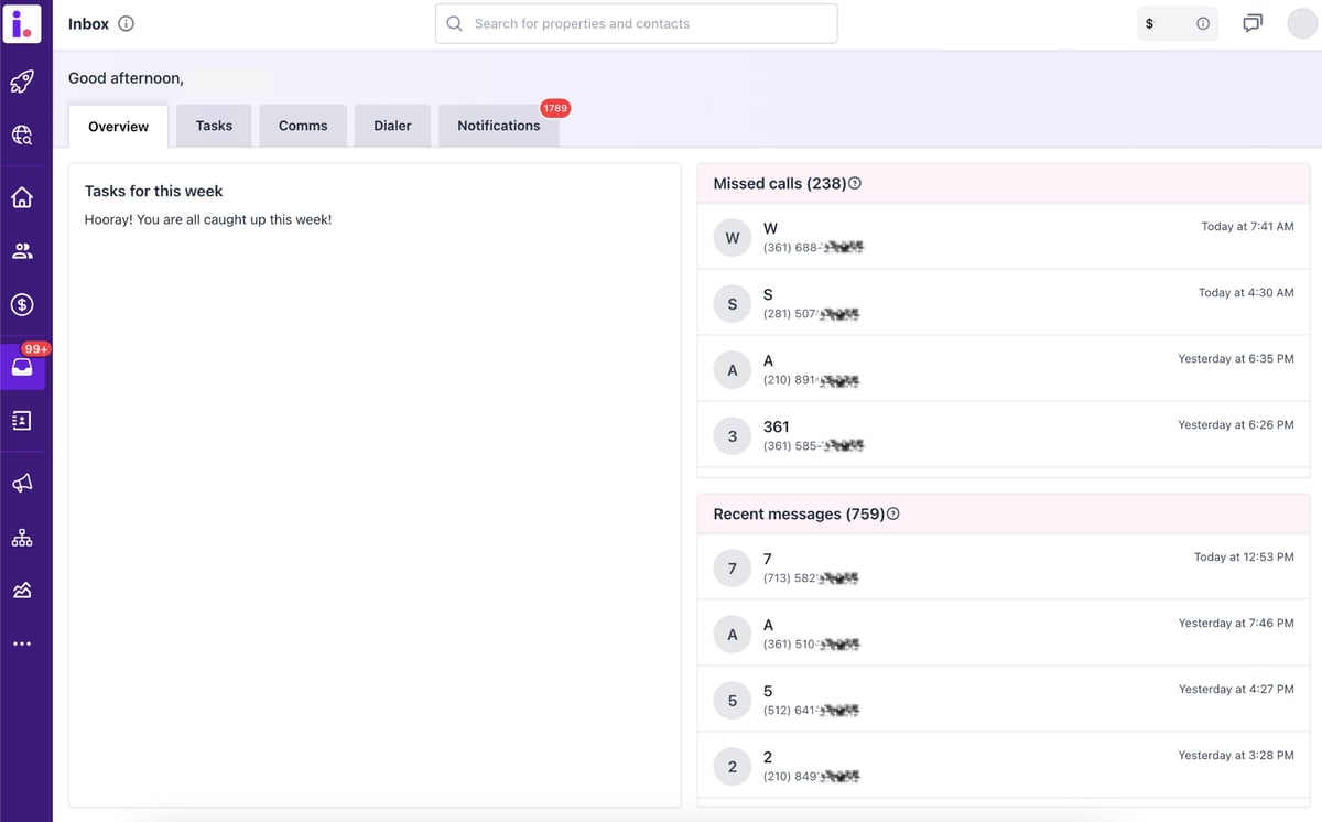 Navigating your missed calls and recent messages in your inbox dashboard
